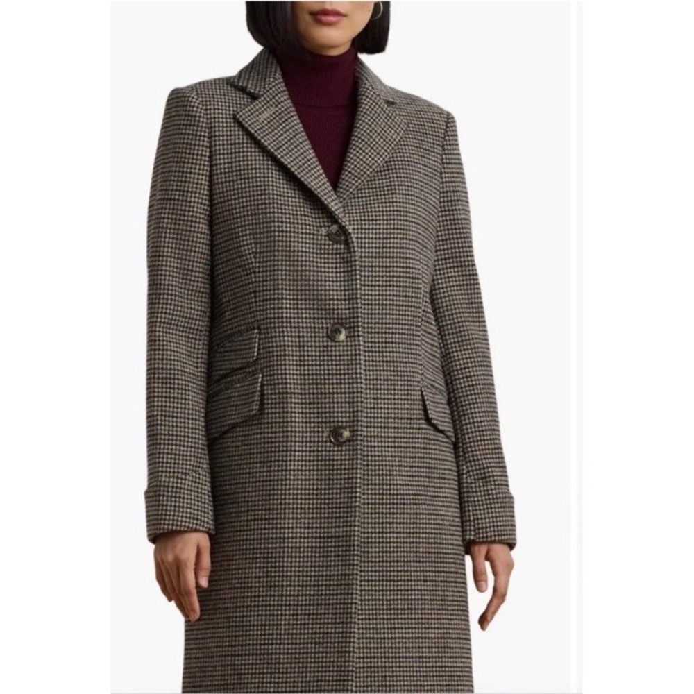 Lauren Ralph Lauren Wool‎ Blend Reefer Merlot Houndstooth Coat Size 14 EUC